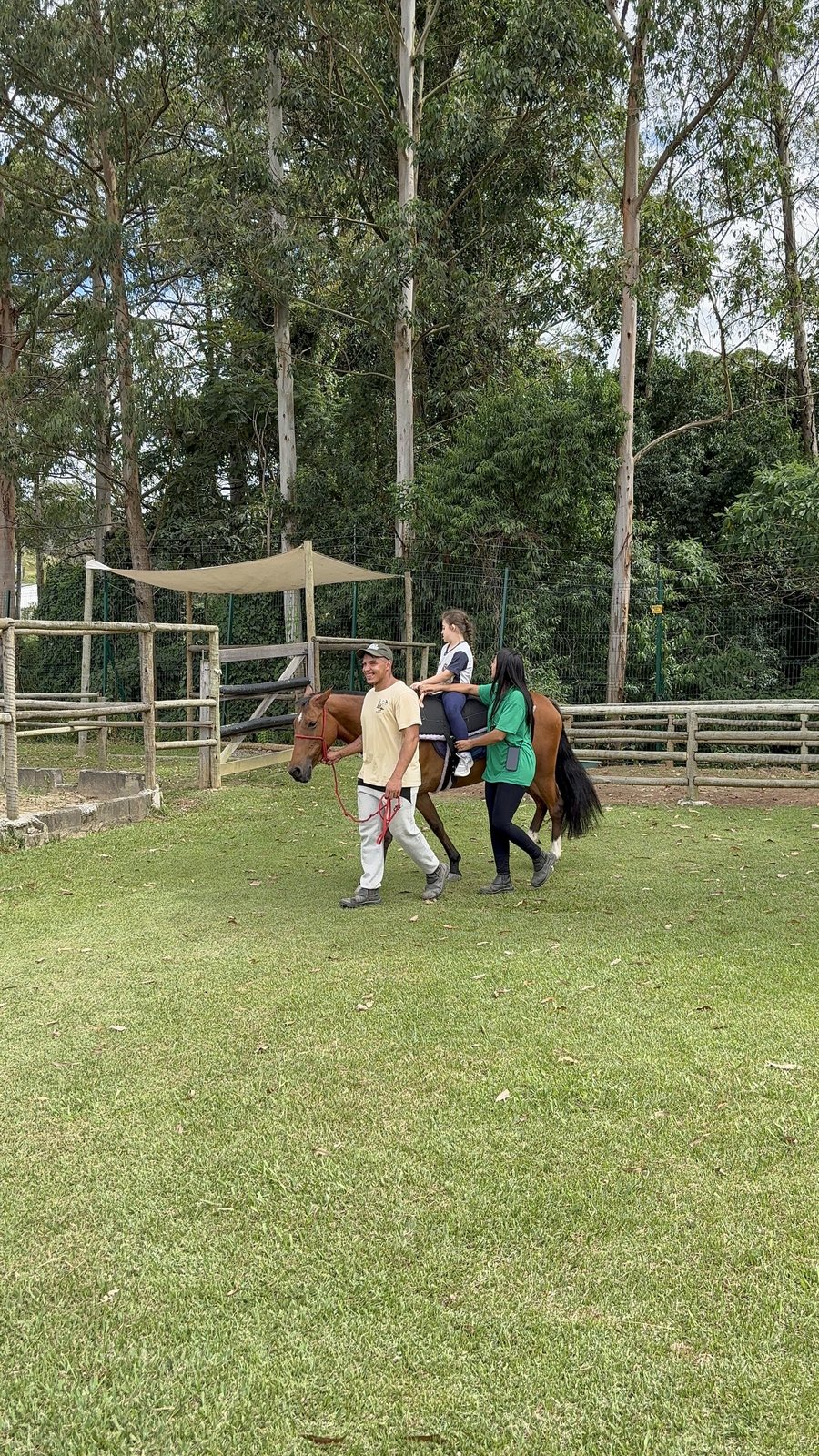 Sessão de equoterapia na Hippus Aldeia: criança montada no cavalo com dois profissionais ao lado